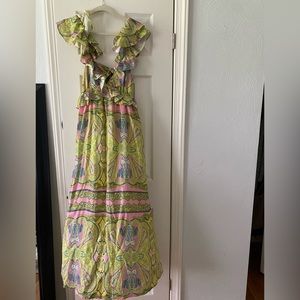 NWT Pink / green paisley ruffled open back maxi dress